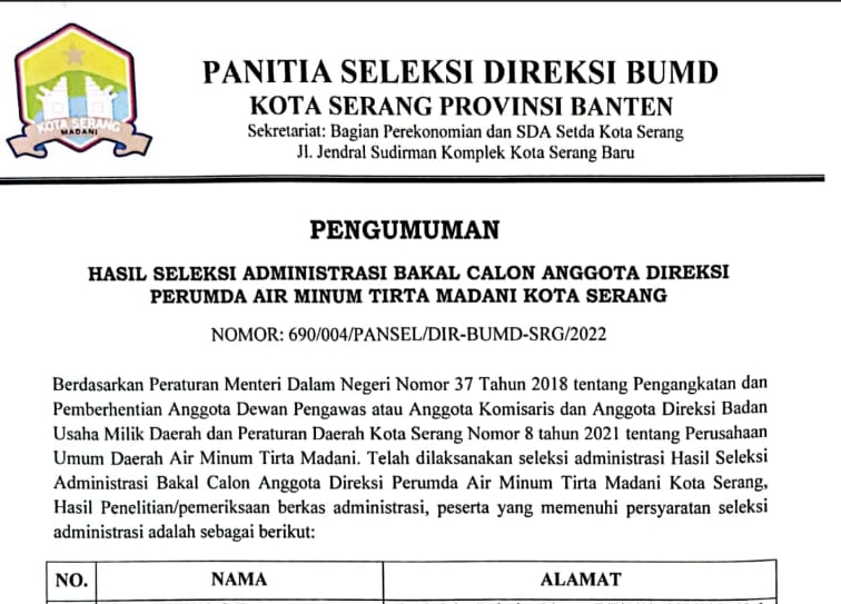 Pansel Umumkan Lima Nama Calon Direksi Lulus Seleksi Administrasi Pdam